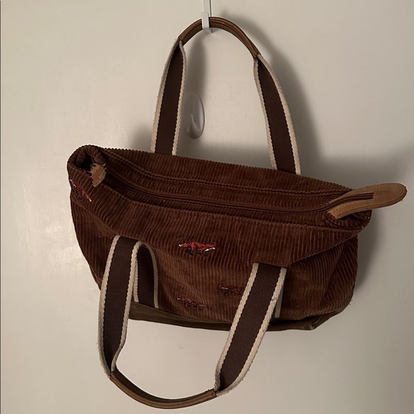 Vintage LL Bean Brown Small Corduroy Canvas Tote Bag With Fox Embroidery Purse - Picture 3 of 5
